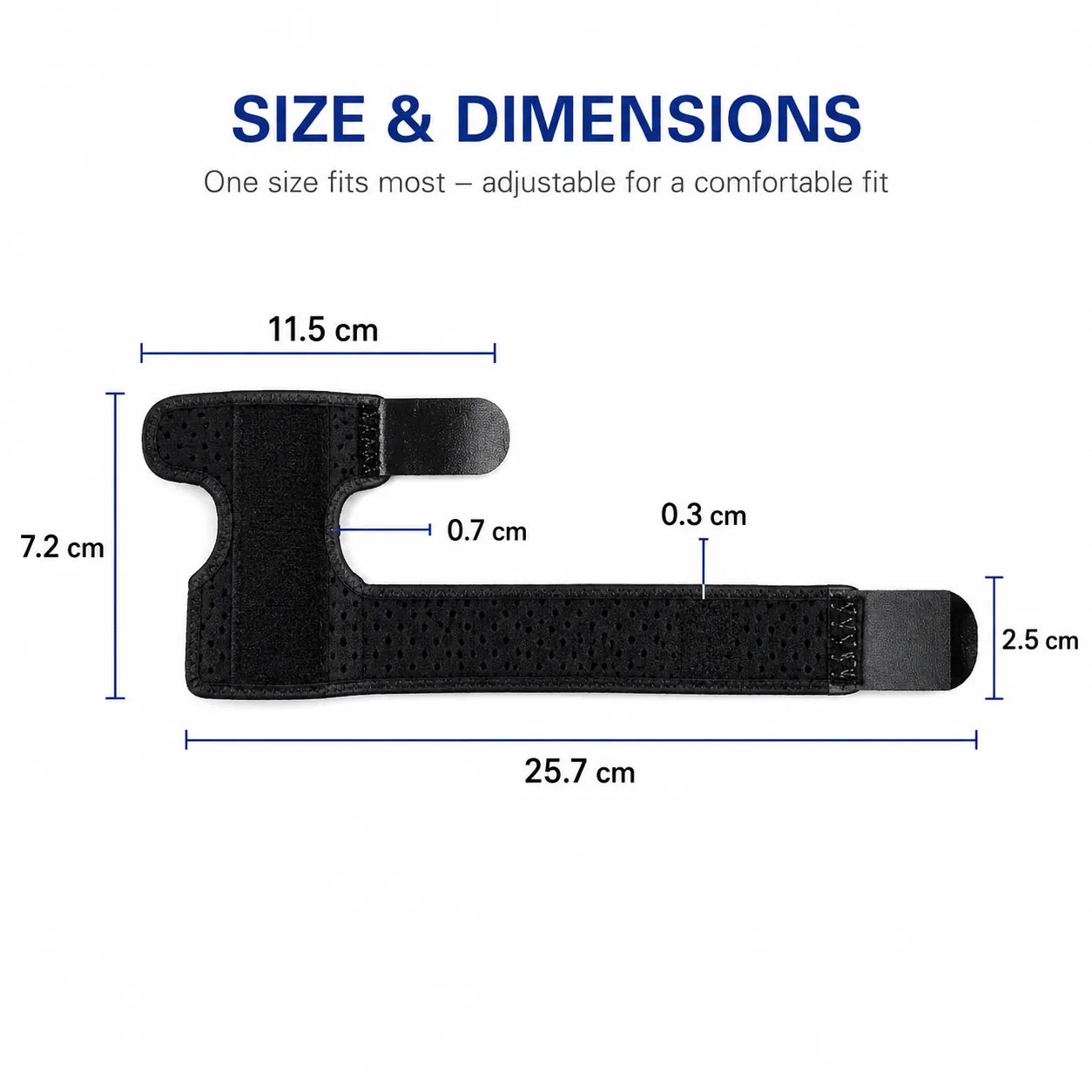 Justerbar fingerskena med måttangivelser som visar storlek, passform och design för stabilisering och stöd av fingret.