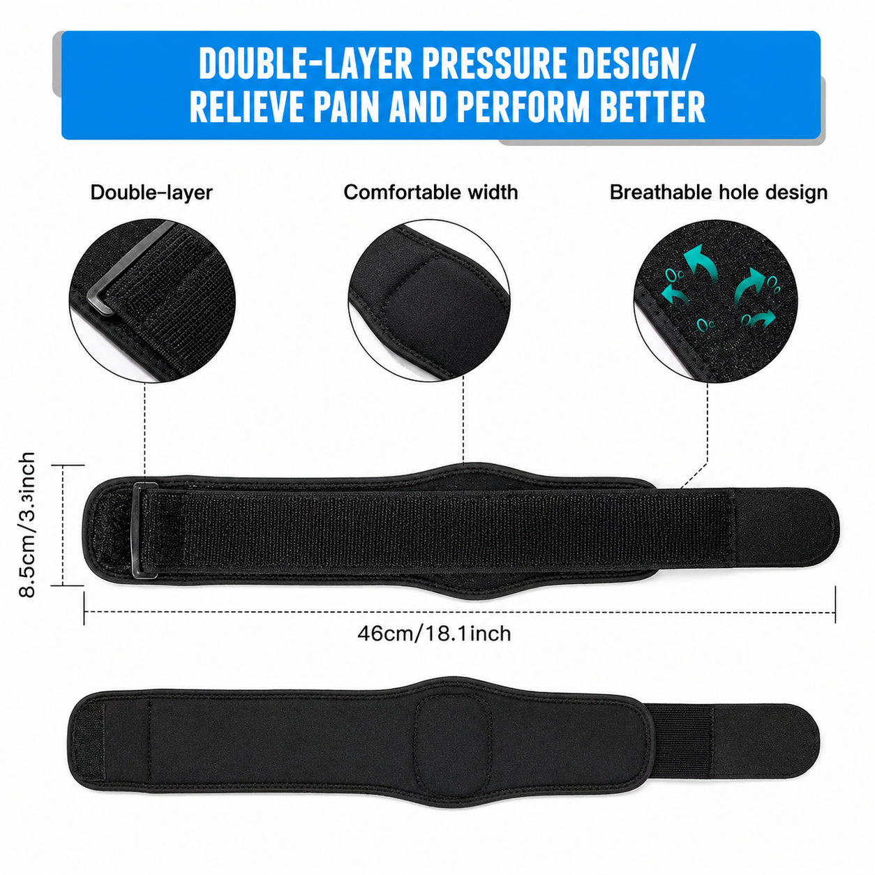 Justerbart armbågsstöd för tennisarmbåge med dubbel kompressionsdesign, ventilerande material och riktat stöd för ökad stabilitet och komfort.