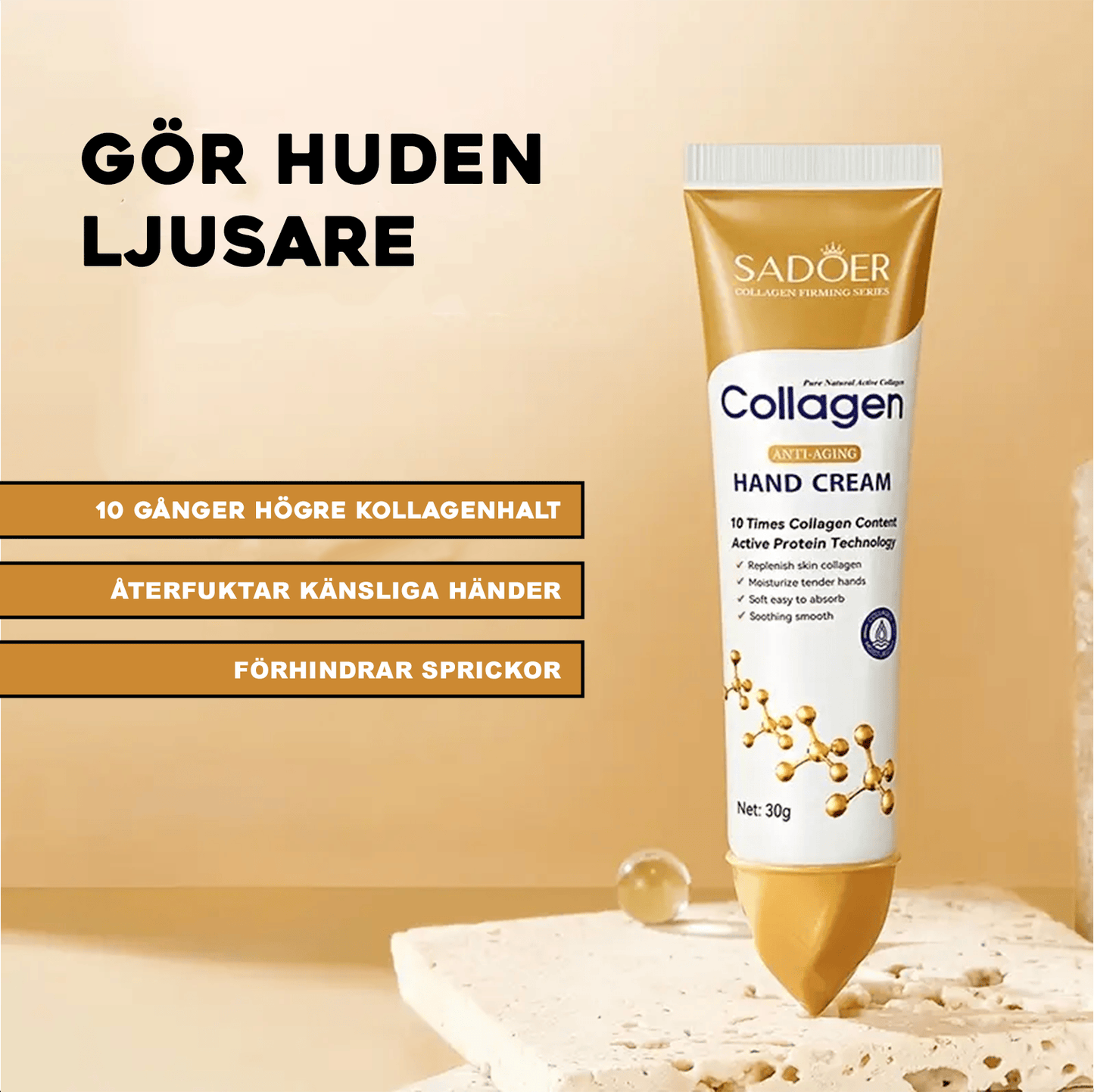 Handkräm i tub presenterad på neutral bakgrund med informationsgrafik