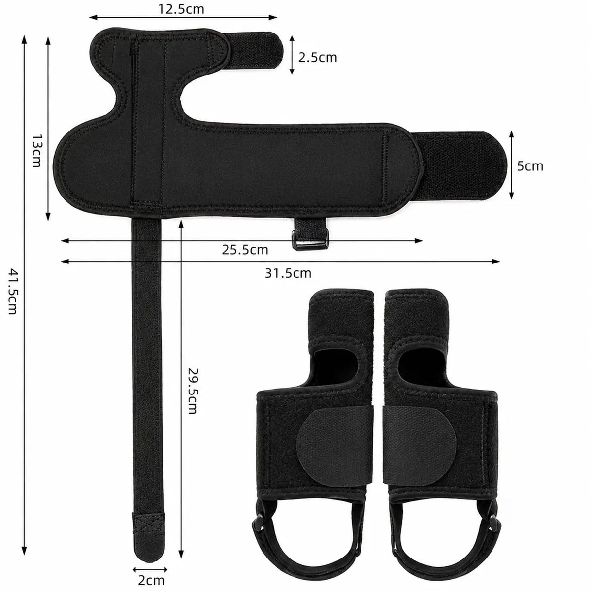 Storleksguide som visar mått och produktdesign för hallux valgus-nattskena med justerbara kardborreband.