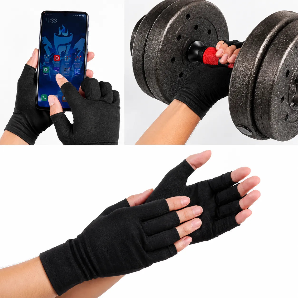 Svarta kompressionshandskar med öppna fingertoppar som ger stöd och flexibilitet vid mobilanvändning, träning och vardagliga aktiviteter.