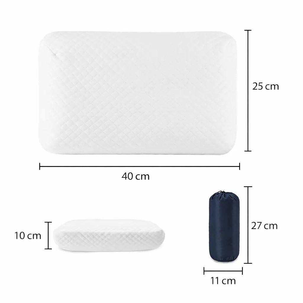Ortopedisk minnesskumkudde i vitt med måttangivelser: 40 × 25 × 10 cm.