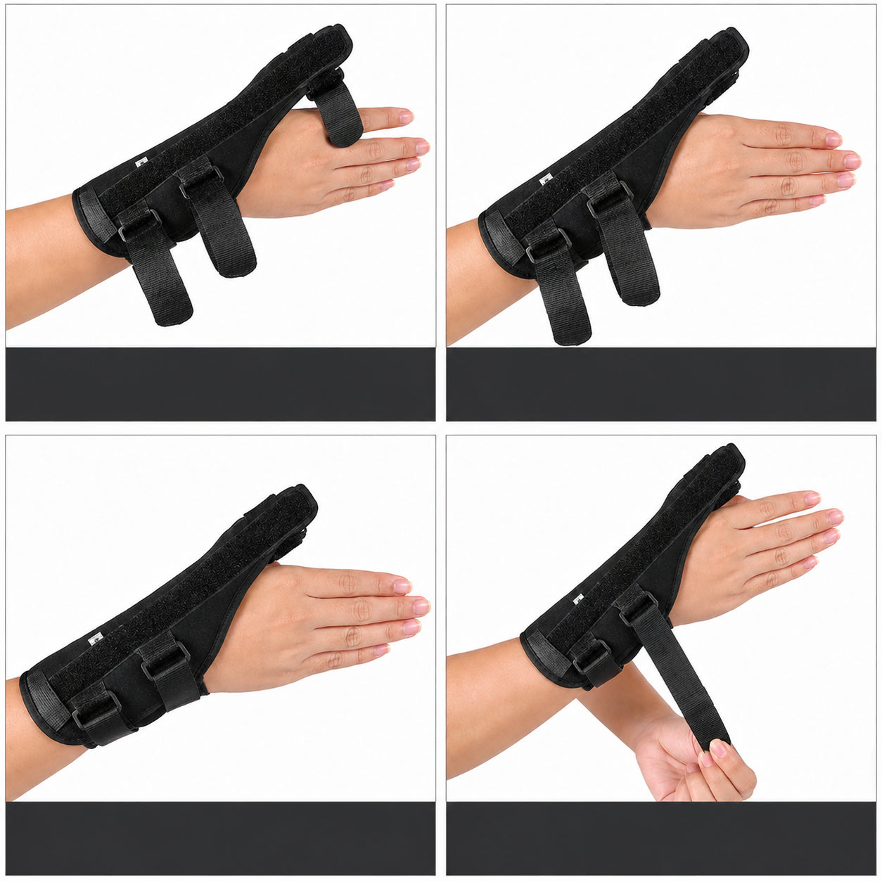 Steg-för-steg-guide som visar hur handledsstödet med tumstöd sätts på och justeras med kardborreband.