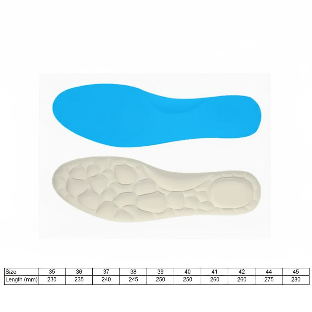 Storleksguide för 4D-stötdämpande skoinlägg med fotlängd i mm.