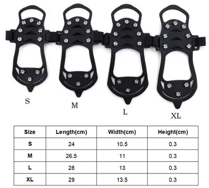 Storleksbild av broddar till skor med storlekarna S, M, L och XL samt måttabell.