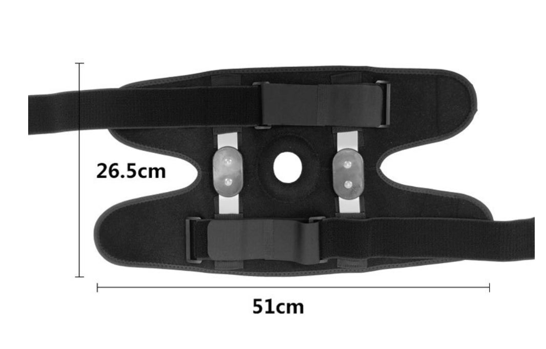 Justerbart patellastöd för knä med remmar och måttangivelser för stabilisering och avlastning av knäleden.