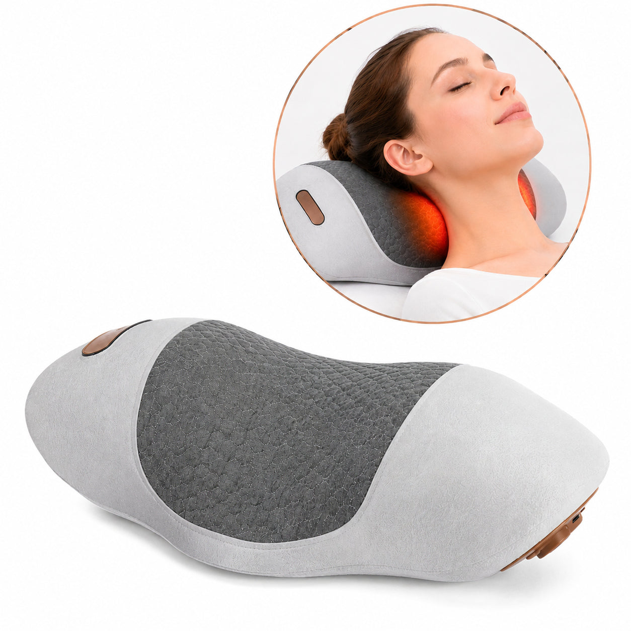 Nackmassagekudde med värme samt kvinna som använder den mot nacken.