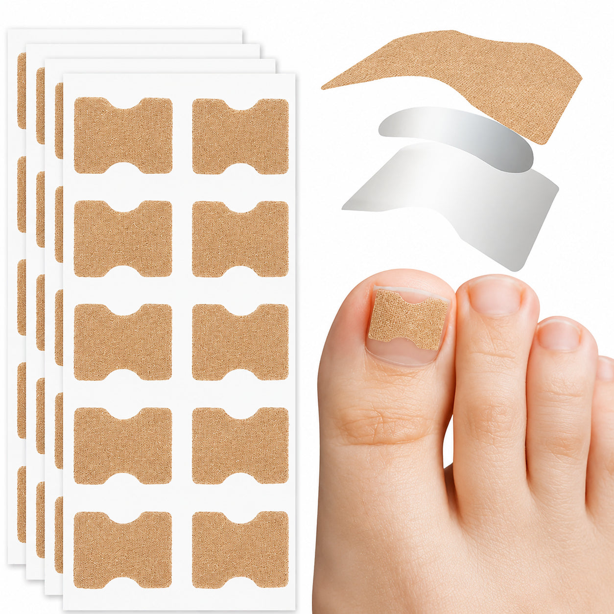 Nageltrångskorrigeringstejp applicerad på stortån för att hjälpa till att avlasta nagelkanterna och minska irritation och obehag vid nageltrång.