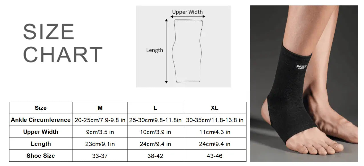 Storleksguide för kompressionsstrumpa för ankeln med mått för omkrets, längd och skostorlek.