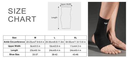Storleksguide för kompressionsstrumpa för ankeln med mått för omkrets, längd och skostorlek.