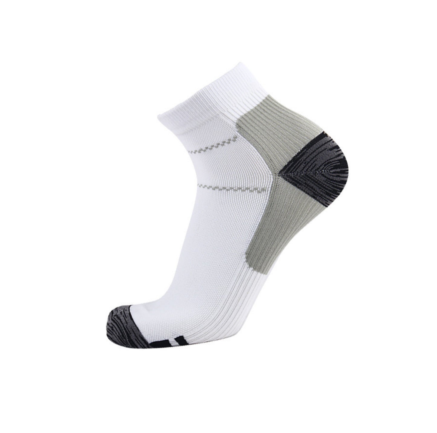 Vit ankelstrumpa med kompression och förstärkta stödpartier runt häl och fotled i diskret grön nyans