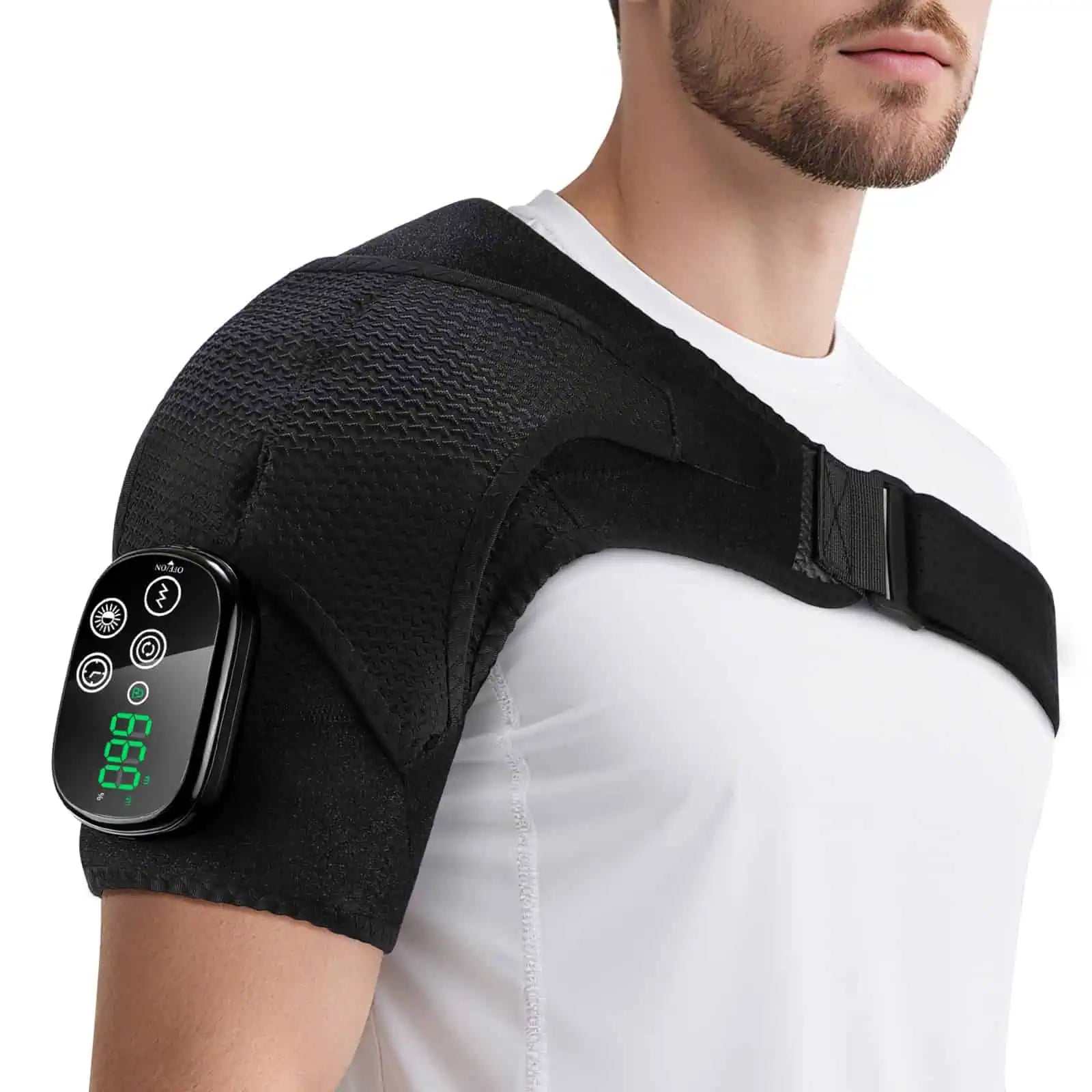 Trådlös axelmassager med justerbart band för bekväm användning