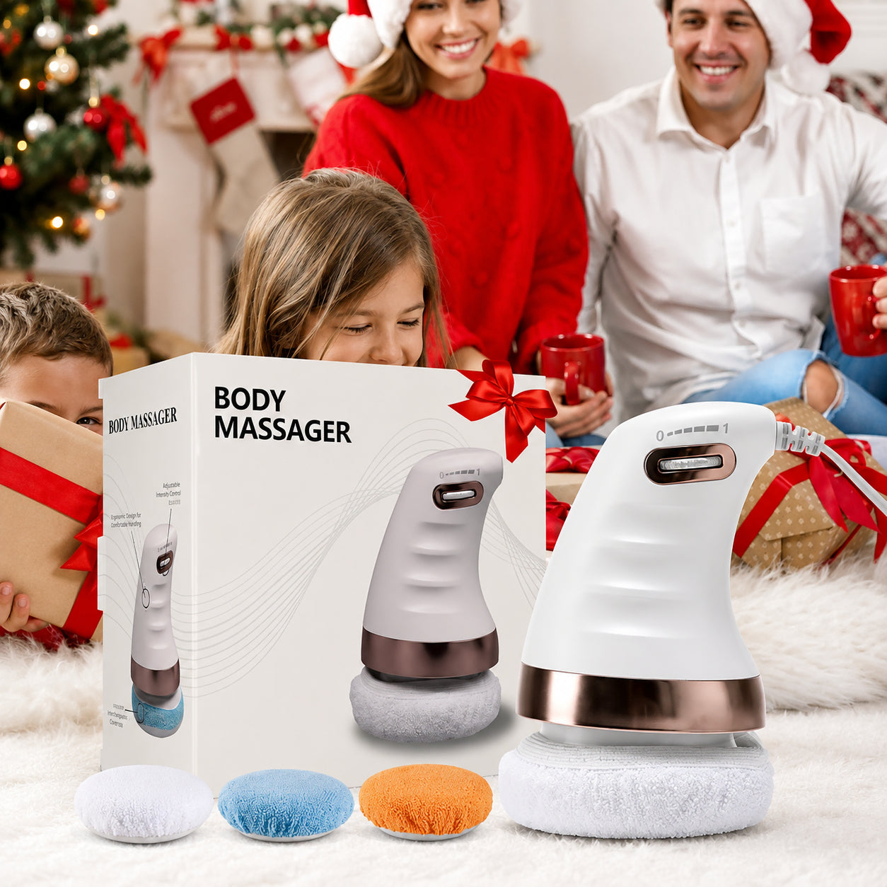 Cellulit massage maskin med utbytbara massageöverdrag, presenterad som julklapp i hemmiljö.