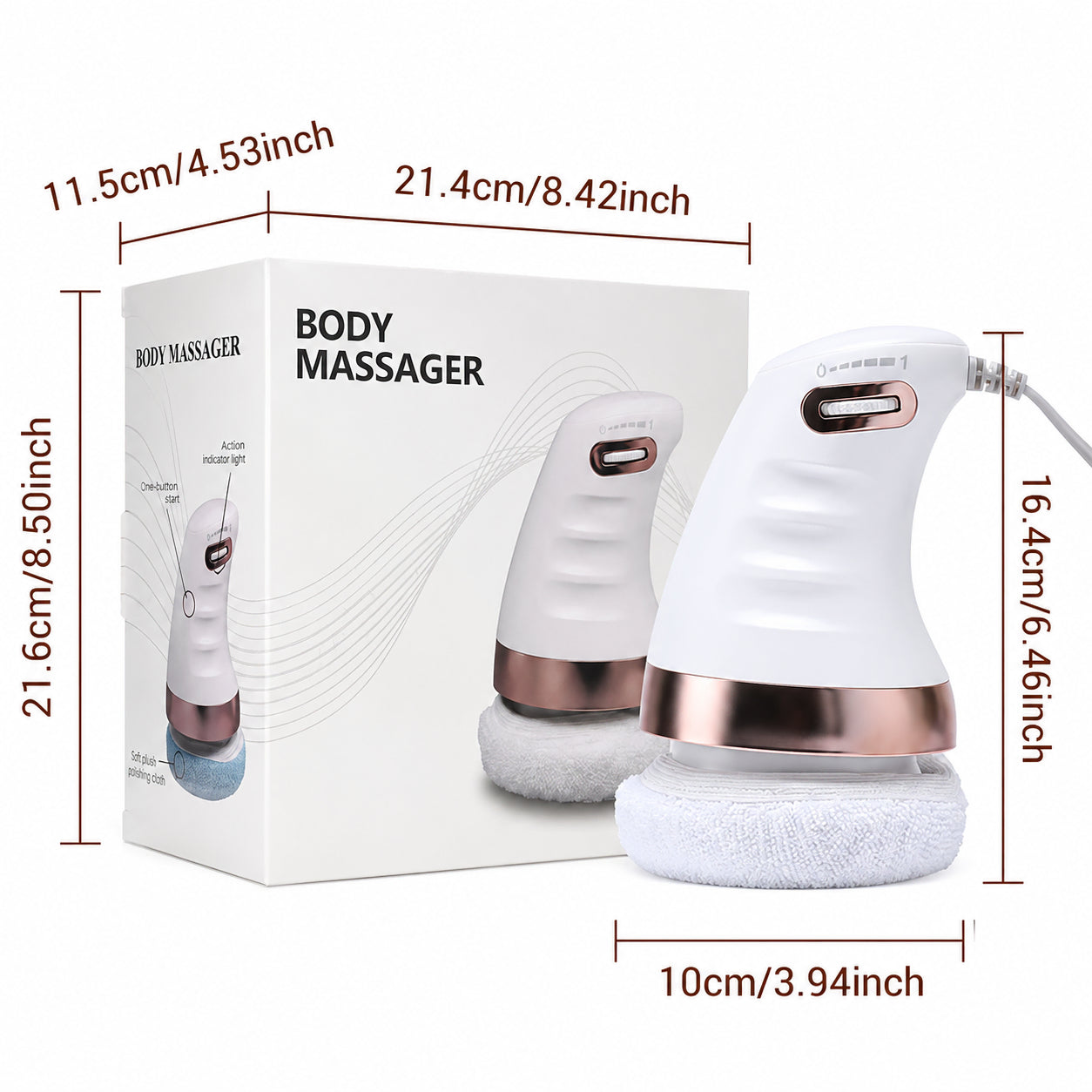 Cellulit massage maskin med produktmått och mått på förpackningen.