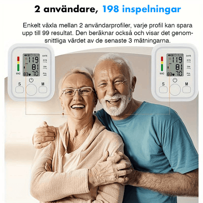 Blodtryck mäts på överarmen med automatisk manschett