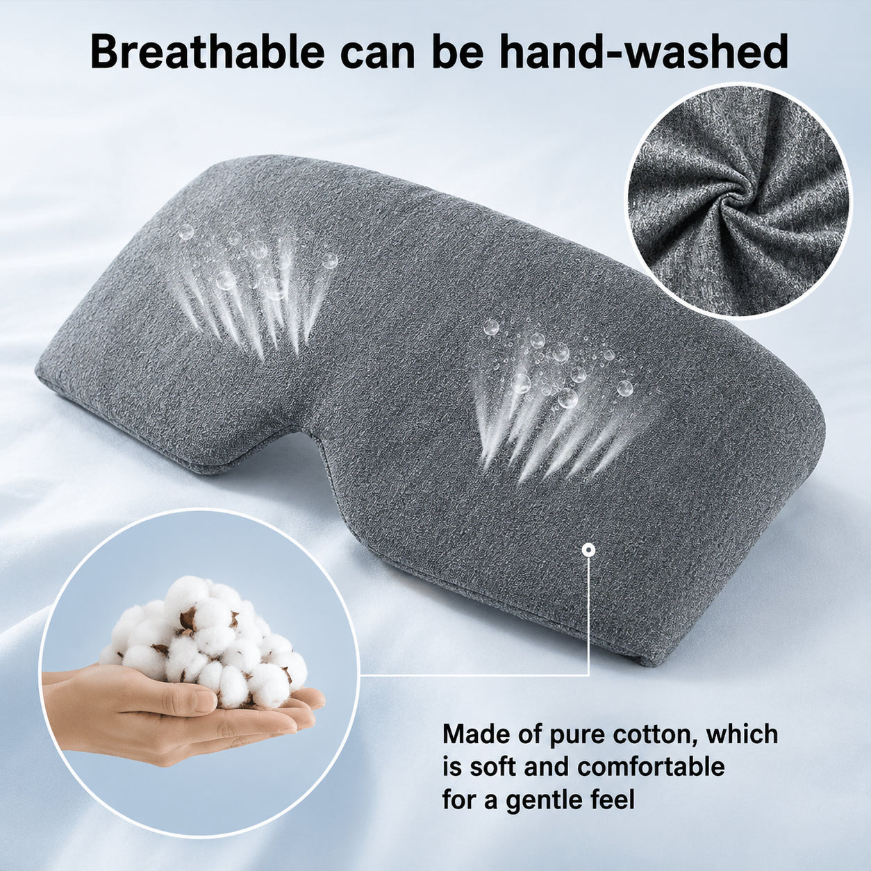 Grå bomullsmjuk sovmask i andningsbart och handtvättbart material.