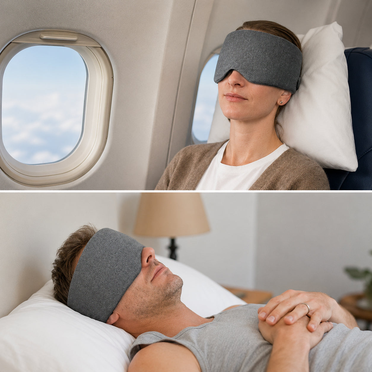 Grå bomullsmjuk sovmask används för bekväm sömn hemma och på flygplan.