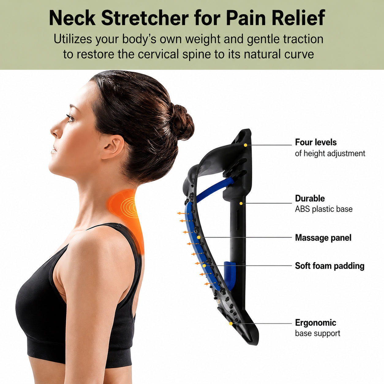 Effektivt nackstöd med 4 nivåer för nackstretch och ergonomiskt stöd.