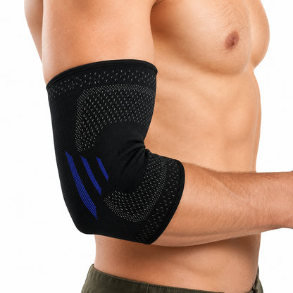 Svart elastiskt armbågsskydd med kompression och ventilerande stickad konstruktion vid användning.