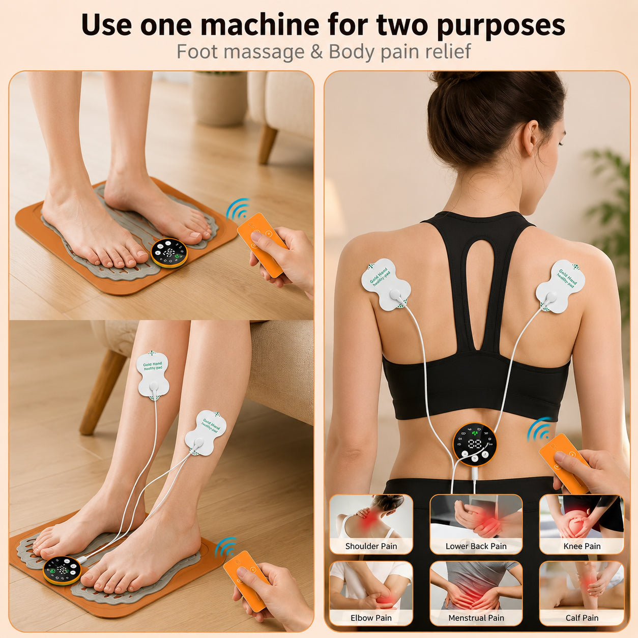 Elektrisk EMS-fotmassagematta med elektrodkuddar för massage av fötter och smärtlindring i flera delar av kroppen.