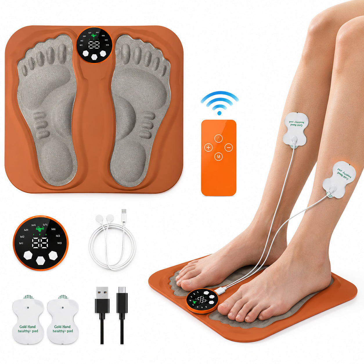 Elektrisk EMS-fotmassagematta med fjärrkontroll, massageplattor och elektrodkuddar för fötter och ben.