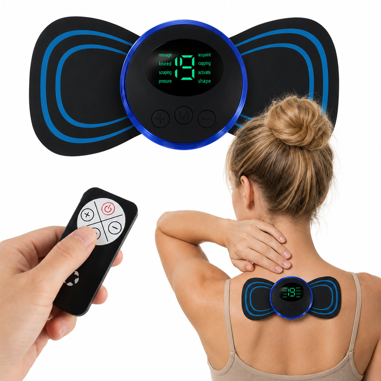 EMS-muskelstimulator med fjärrkontroll för avslappning och muskelstimulering av nacke, rygg och axlar.