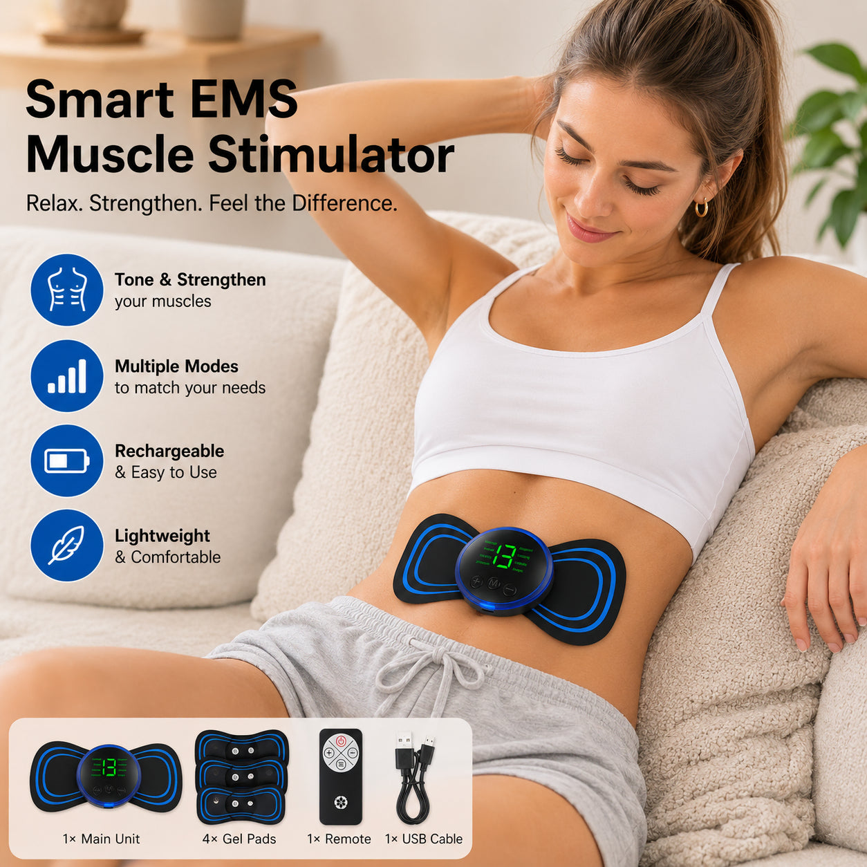 Person använder en EMS-muskelstimulator på magen för muskelstimulering, avslappning och återhämtning.