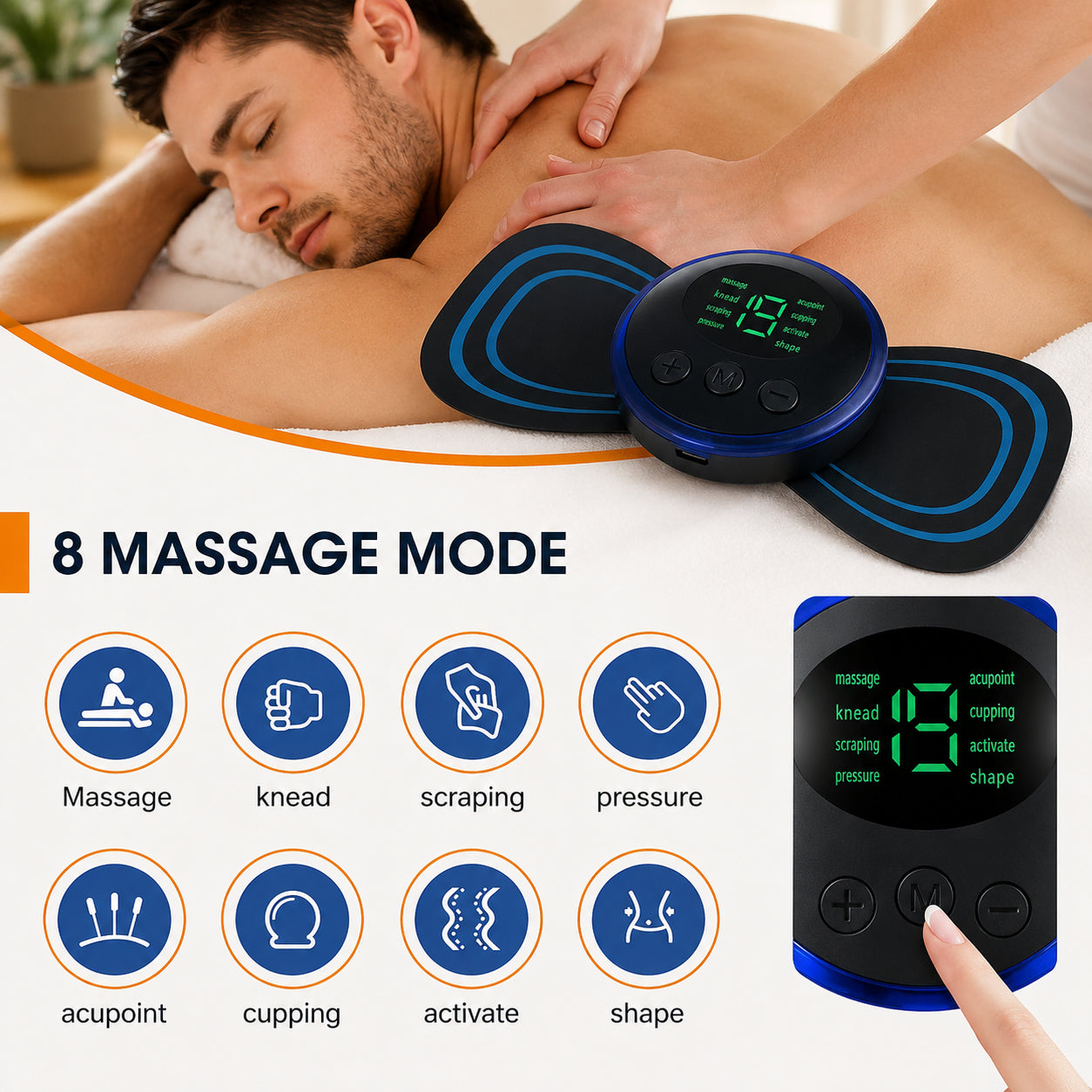 EMS-muskelstimulator med åtta massageprogram för muskelstimulering, avslappning och återhämtning.