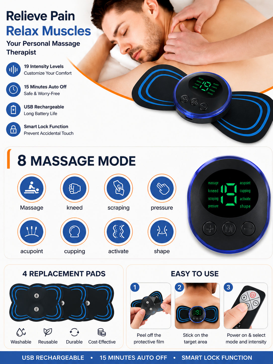 EMS-muskelstimulator med åtta massageprogram för muskelstimulering, smärtlindring och avslappning av muskler.
