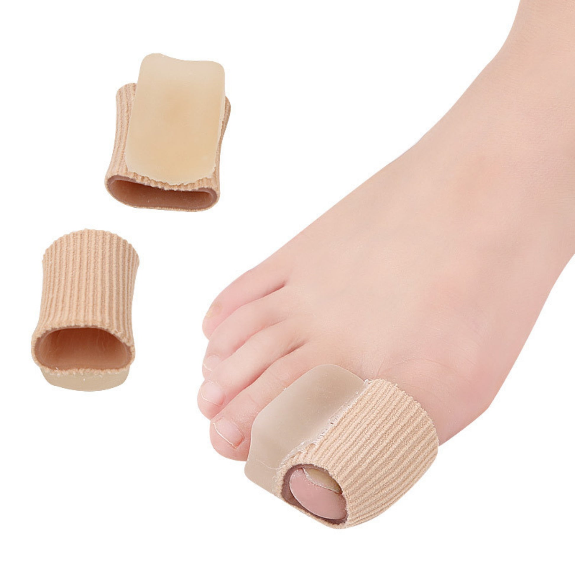 Enkel tåseparator för hallux valgus med mjuk gelkudde, visad på fot och som lös produkt.