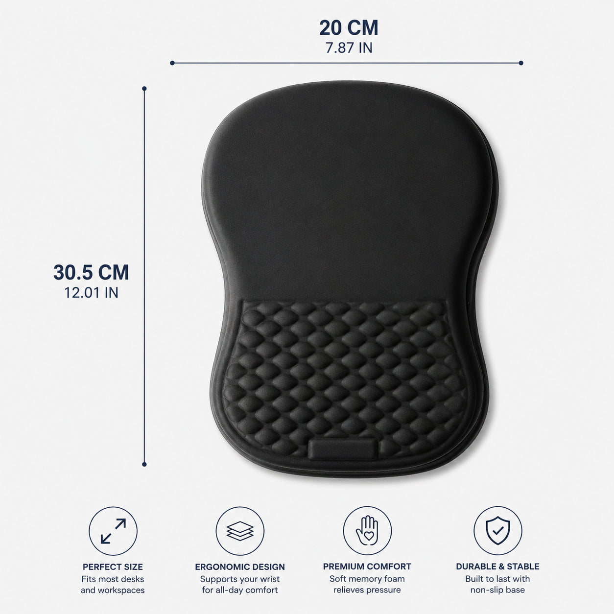 Måttillustration som visar storleken på ergonomisk musmatta med handledsstöd