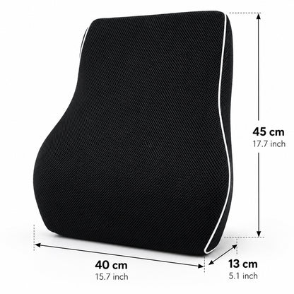 Ergonomisk ryggstödskudde med mått och storleksguide.