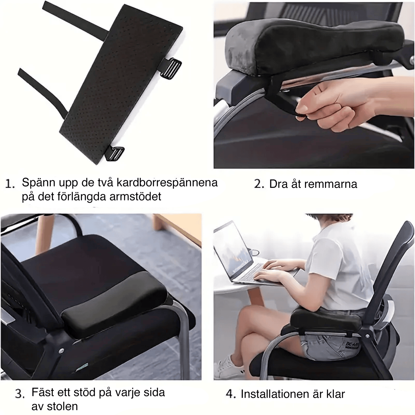 Instruktionsbild som visar hur ergonomiska armstödskuddar med kardborre monteras på kontorsstol steg för steg