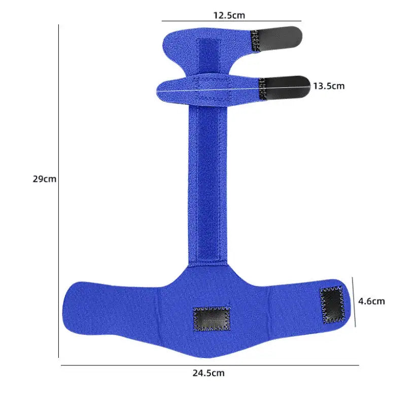 Storleksbild av fingerskena med handledsstöd som visar längd, bredd och remmått.