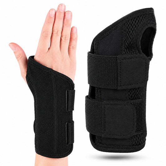 Svart flexibelt handledsstöd med justerbara remmar och ventilerande meshpanel.