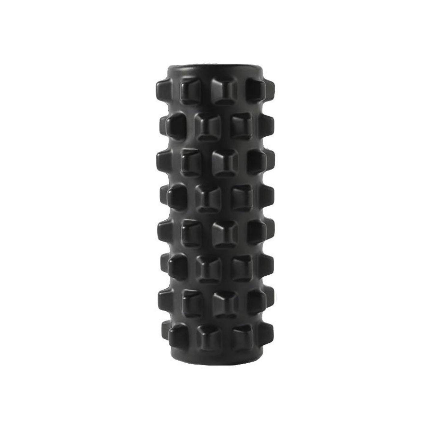 Svart foam roller med strukturerad yta, stående.