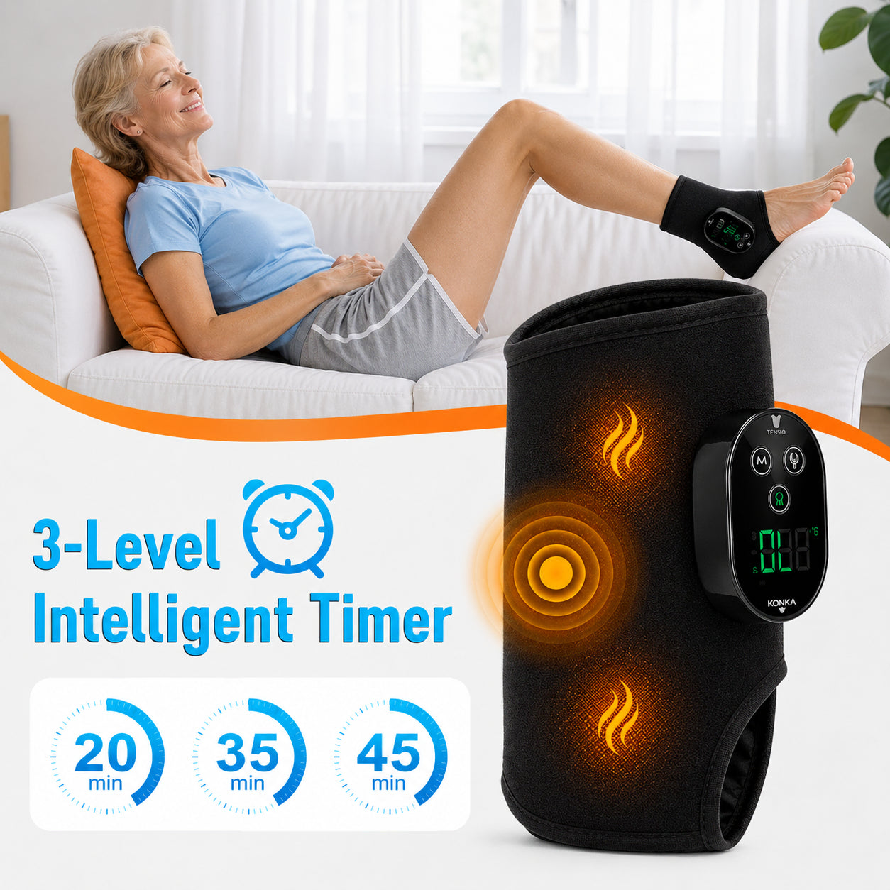 Ankelvärmare med intelligent timer och värmeterapi som erbjuder 20, 35 eller 45 minuters behandling för avslappning och smärtlindring hemma i soffan