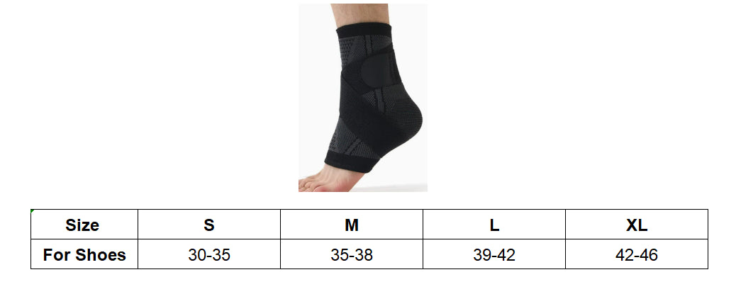 Storlekstabell för fotledsstöd med kompression och rekommenderade skostorlekar.