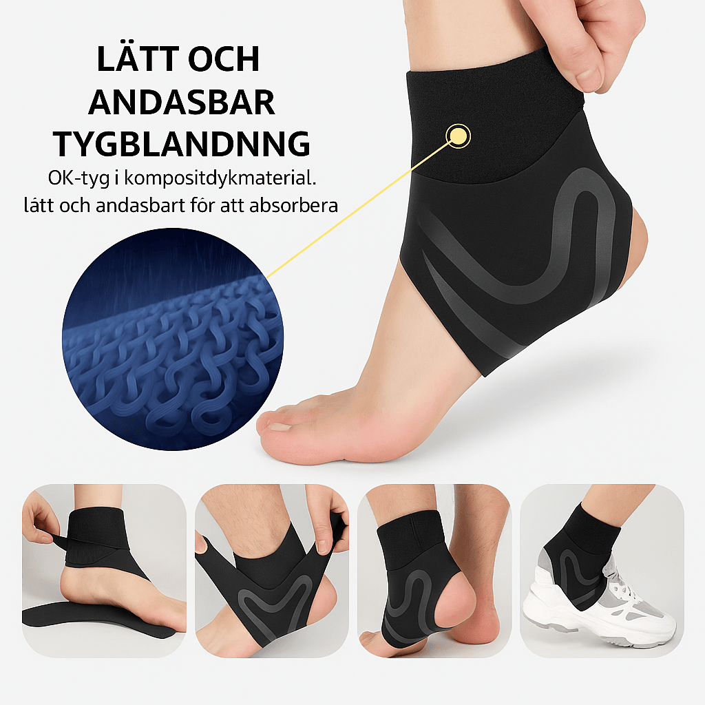 Fotledsstöd med andningsbart och lätt tyg, närbild på material och hur stödet tas på