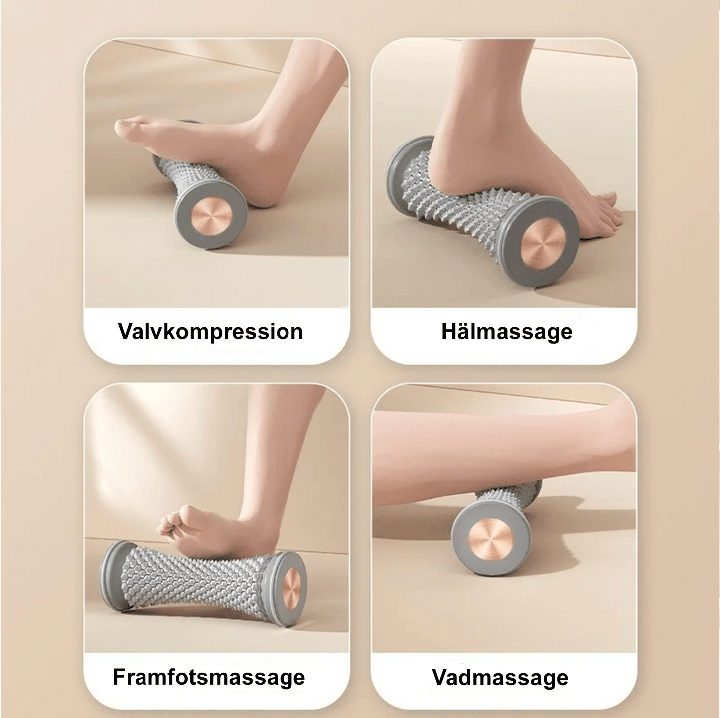 Fotmassagerulle som används för valvkompression, hälsmassage, framfotsmassage och vadmassage – visar olika sätt att lindra trötta och stela fötter.
