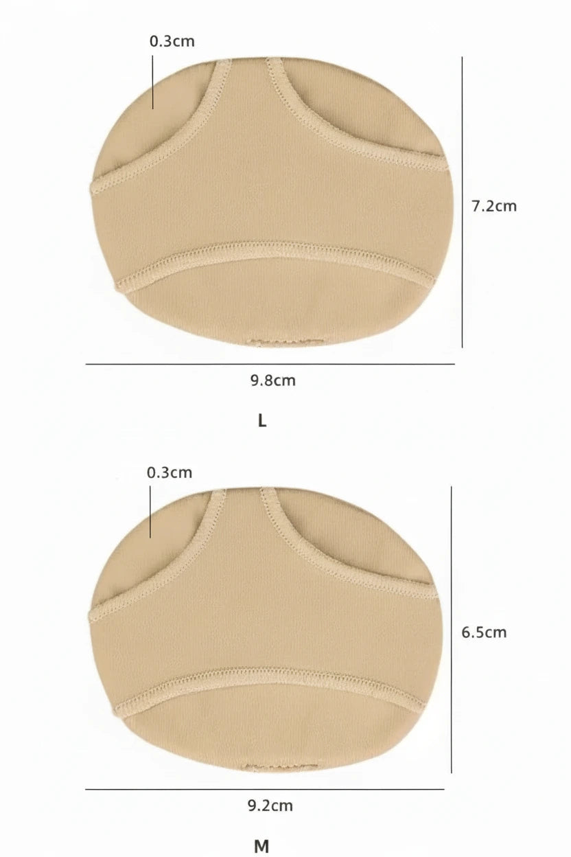 Storleksguide för framfotskydd med mått i centimeter för storlek M och L.