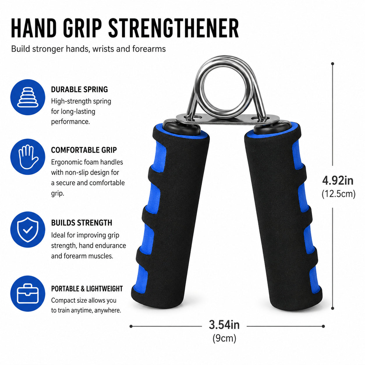 Grepptränare med ergonomiska skumhandtag, metallfjäder och mått för träning av hand-, handleds- och underarmsstyrka.