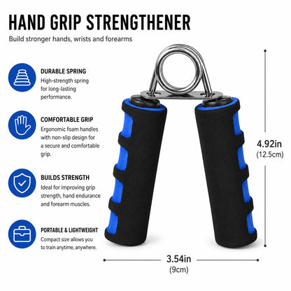 Grepptränare med ergonomiska skumhandtag, metallfjäder och mått för träning av hand-, handleds- och underarmsstyrka.