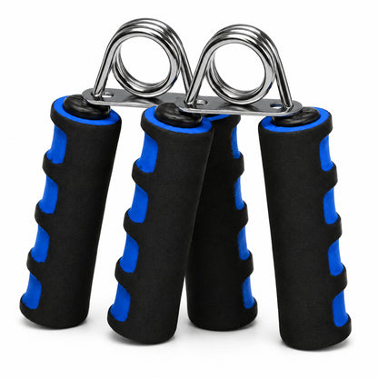 Grepptränare i tvåpack med ergonomiska skumhandtag och metallfjäder för träning av hand- och greppstyrka.