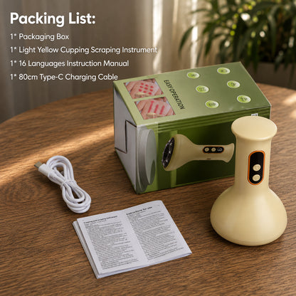 Gua sha-massageapparat med rödljusterapi, laddkabel, manual och förpackning.