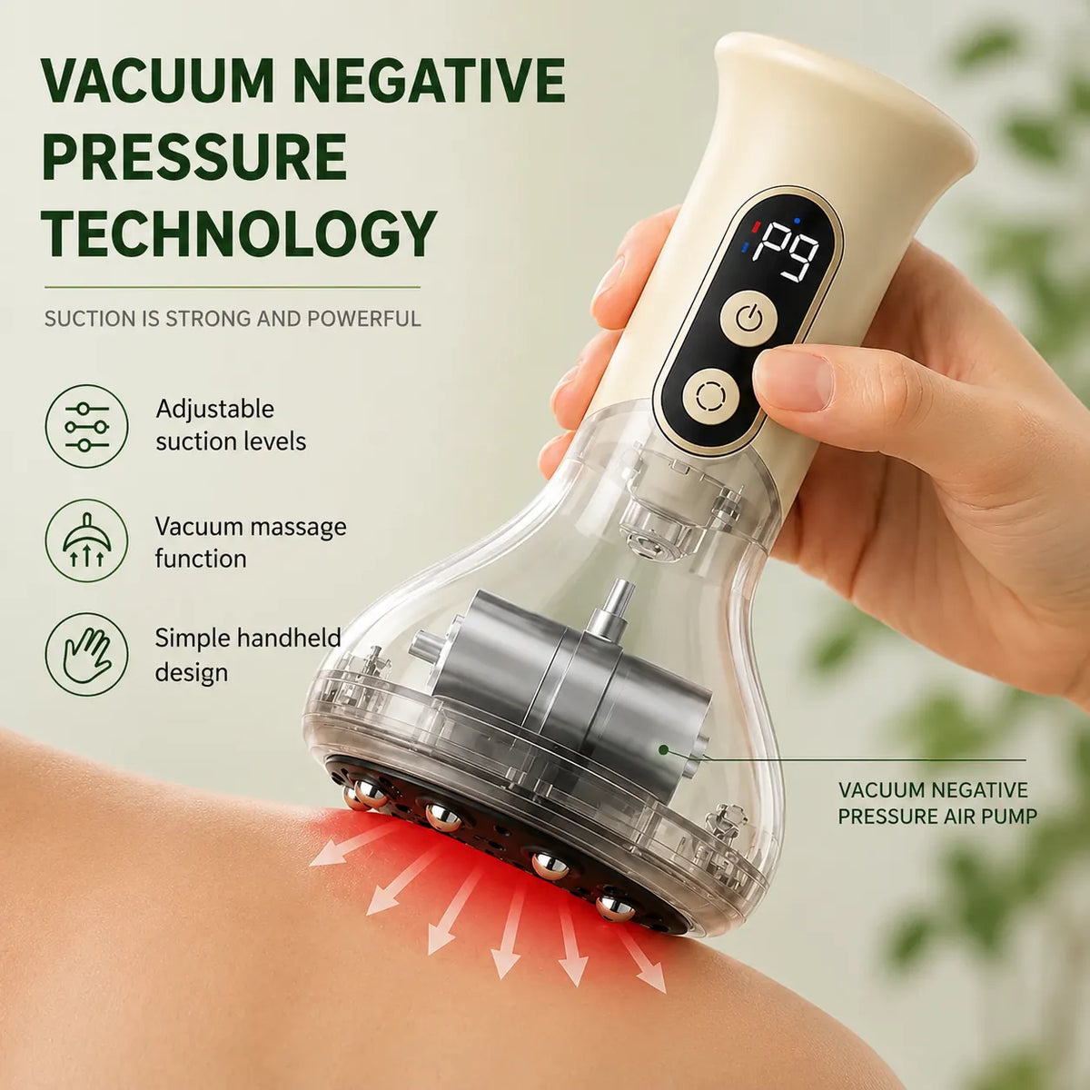 Gua sha-massageapparat med justerbar vakuumfunktion och handhållen design.