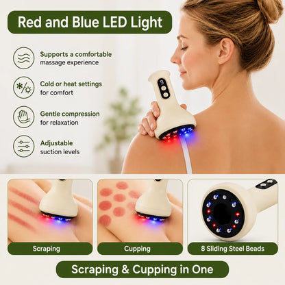 Gua sha-massageapparat med koppning, rött och blått LED-ljus samt justerbar vakuumfunktion.