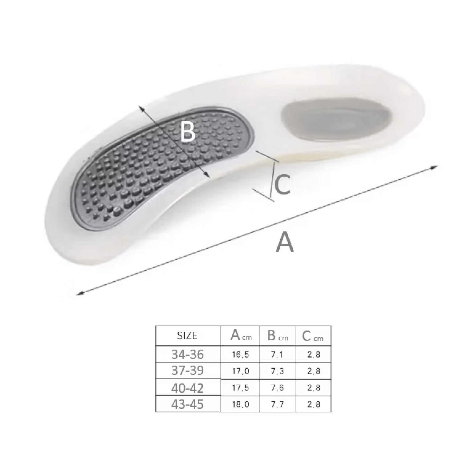 Illustration av hålfotsstöd med måttangivelser för längd, bredd och höjd