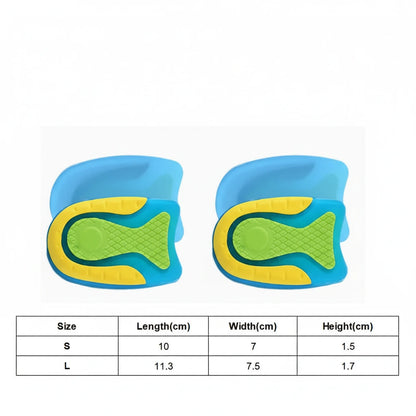 Storleksguide för hälkuddar med gel för lindring av hälsporre.