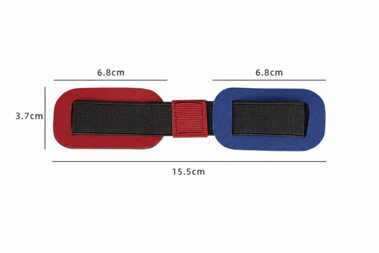 Måttbild av träningsband för hallux valgus som visar längd 15,5 cm och bredd 6,8 cm.